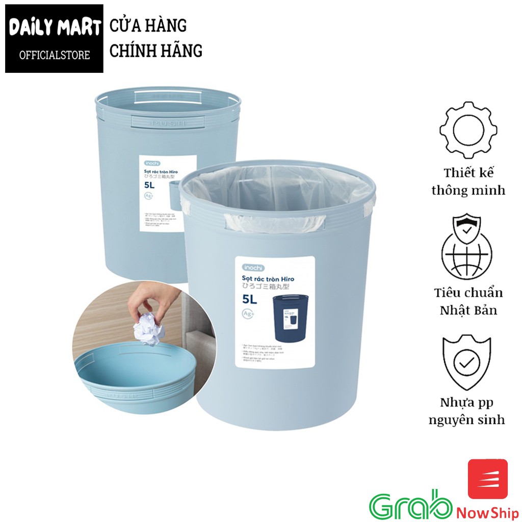 Sọt Rác, Thùng Đựng Rác, Giỏ Đựng Rác Văn Phòng, Nhà Bếp DẠNG TRÒN Có Mắc Cài Túi Rác HIRO Inochi 5 Lít