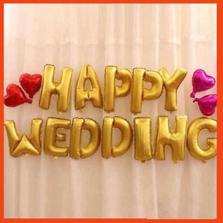 Combo bóng chữ happy wedding + 4 bóng trái tim