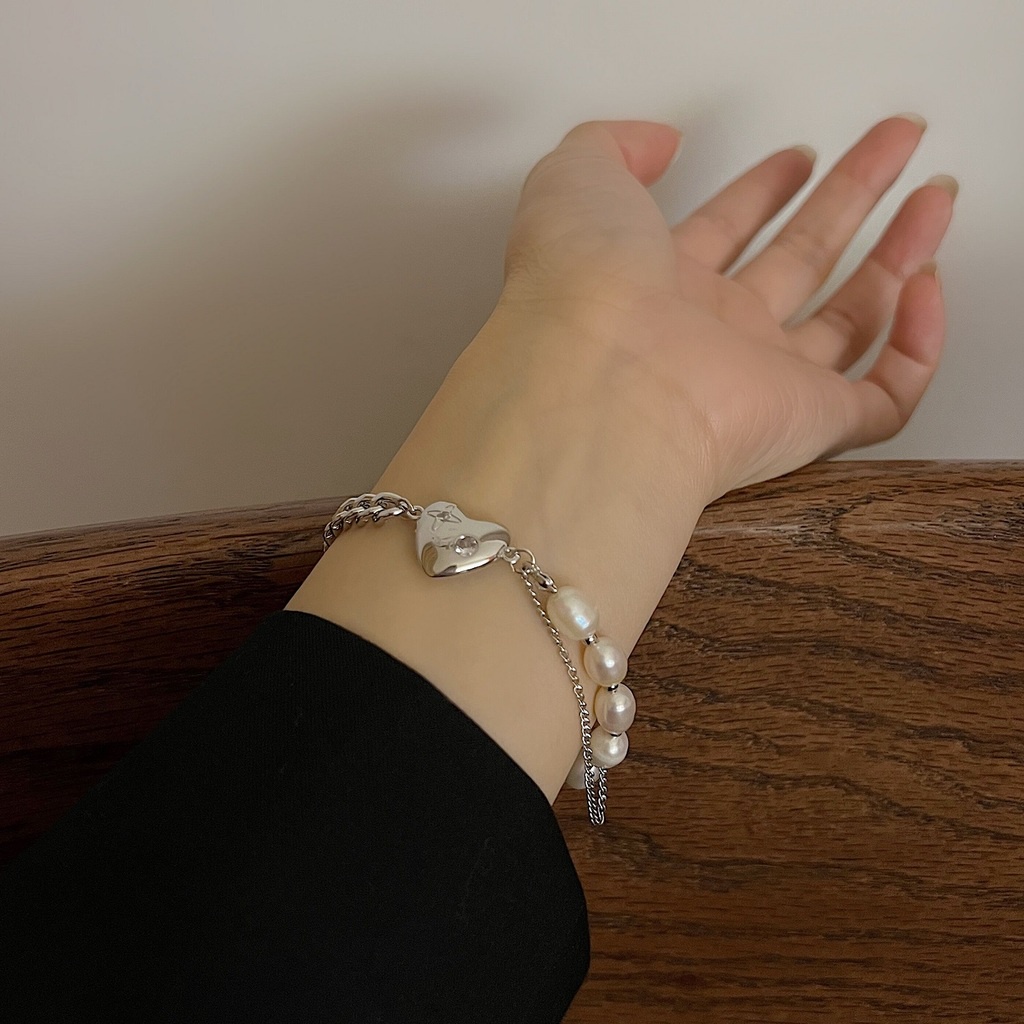 Vòng Tay Đính Hạt Ngọc Trai Hình Trái Tim Thời Trang Dành Cho Nữ