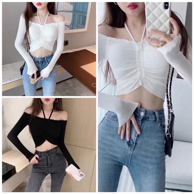 Áo thun kiểu nữ croptop trễ vai chít phối dây quàng cổ
