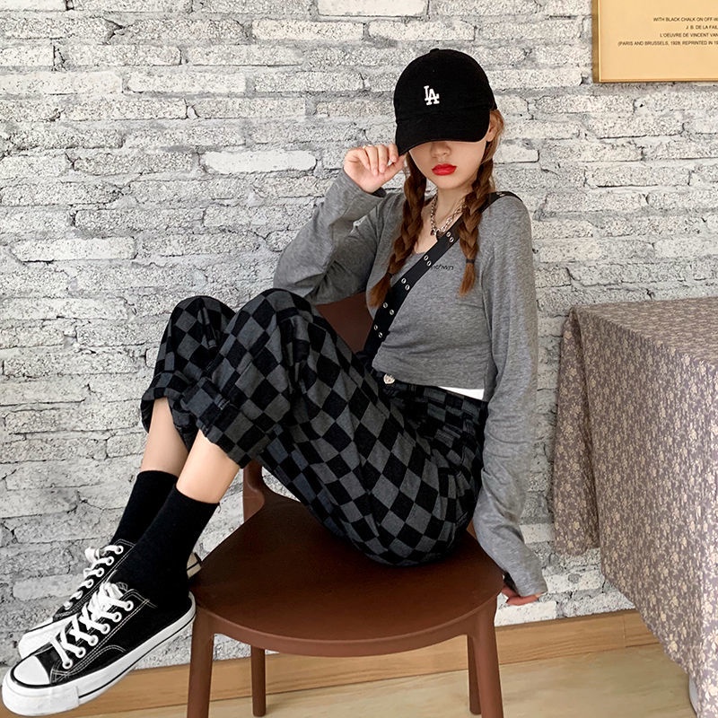 Quần Jean Nữ Lưng Cao Ống Rộng Họa Tiết Sọc Caro Thiết Kế Mới Năng Động Thời Trang Dành Cho Nữ