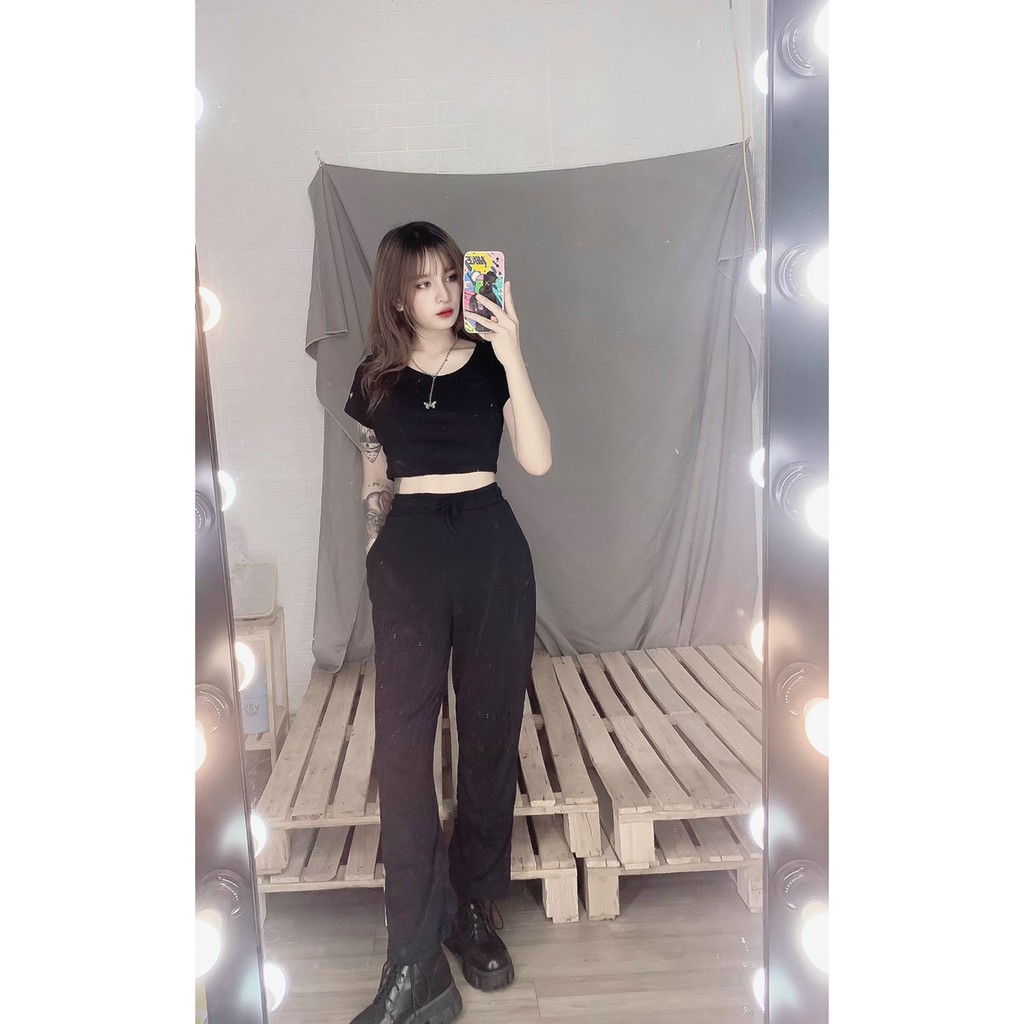Set bộ nữ áo thun cổ tròn tay ngắn dáng croptop phối quần ống rộng cực thể thao trẻ trung năng động