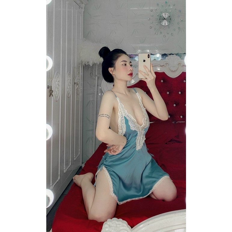 Đồ ngủ nữ hai dây sexy xẻ tà phối ren gợi cảm lụa satin mềm mại quyến rũ kèm quần đùi dễ thương AN56 - D'Lavia | BigBuy360 - bigbuy360.vn