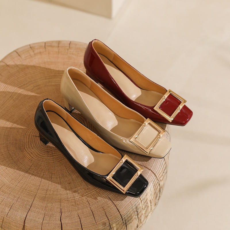 Giày cao gót IELGY mũi vuông gắn khóa kim loại thời trang Hàn Quốc cho nữ