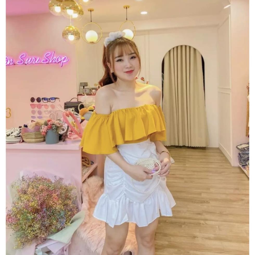 Sét bộ váy nhúm xoè phối áo voan bèo bệt vai đủ màu, Set váy áo nữ mặc kiểu mới siêu hot Siêu xinh