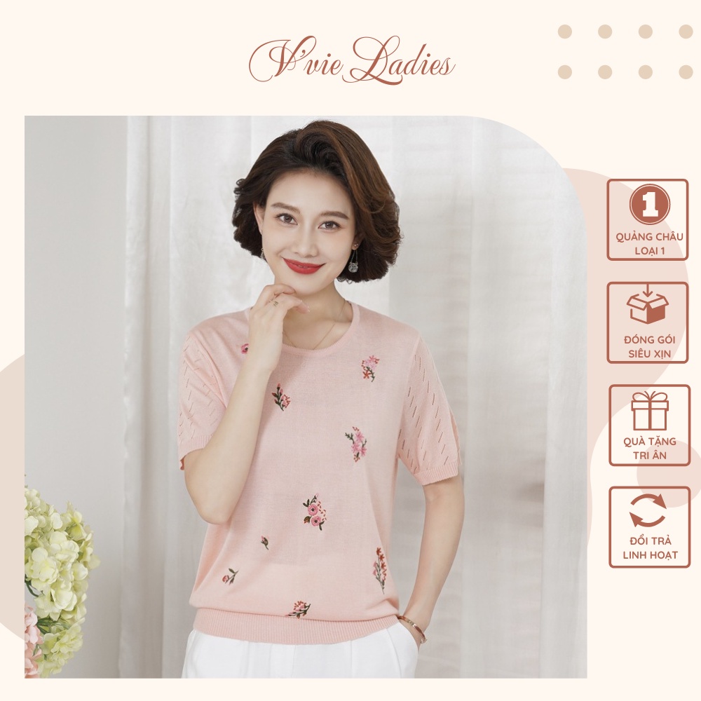 Áo dệt kim kiểu đẹp nữ trung niên, cổ tròn form rộng 3 màu sang trọng tặng mẹ V'vie Ladies