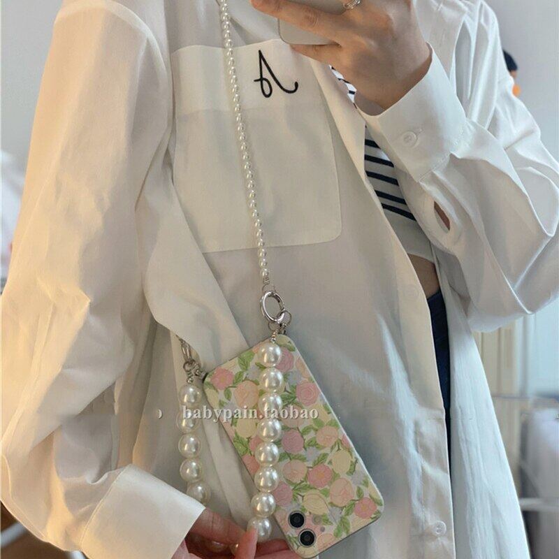 Ốp Điện Thoại Dẻo Họa Tiết Hoa Kèm Dây Đeo Ngọc Trai Cho iPhone 13 11 12 Pro Max MiNi XR X XS 7 8 Plus SE 220