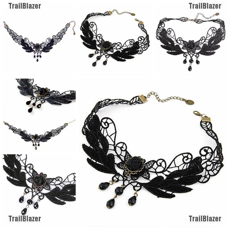 Vòng đeo sát cổ màu đen phối ren hoa phong cách lolita dành cho nữ