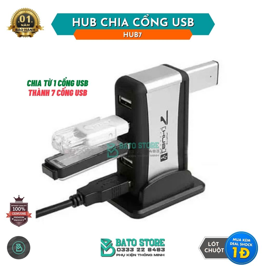 Hub Chia Cổng USB Cho Máy Tính HUB7 Chia 1 Cổng USB Thành 7 Cổng USB Mới Tốc Độ Cao Kèm Dây Nguồn cho PC Laptop
