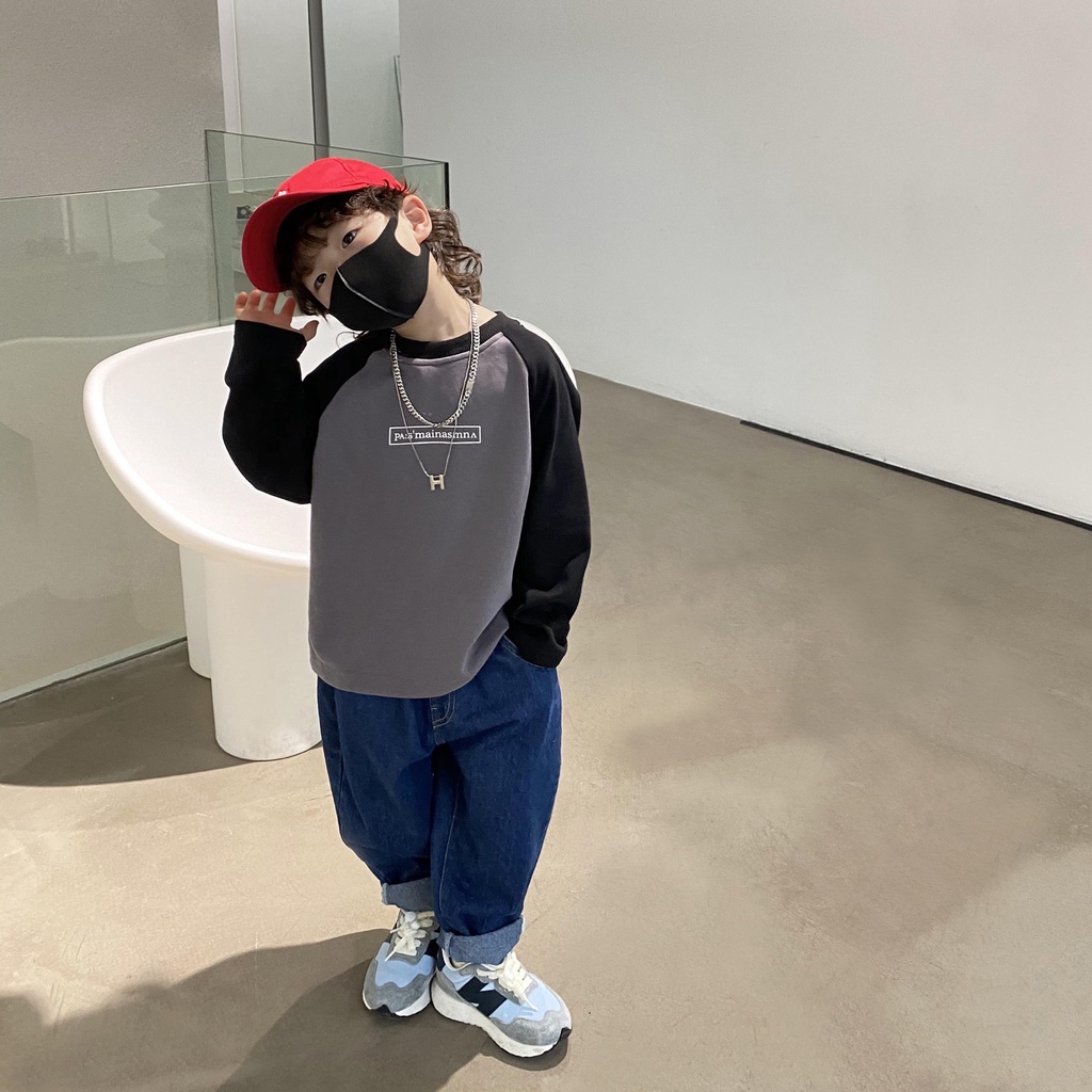 AB424 - Áo phông raglan phối tay đen sz 90-140, dài tay, thời trang thể thao cho bé thu đông 2022