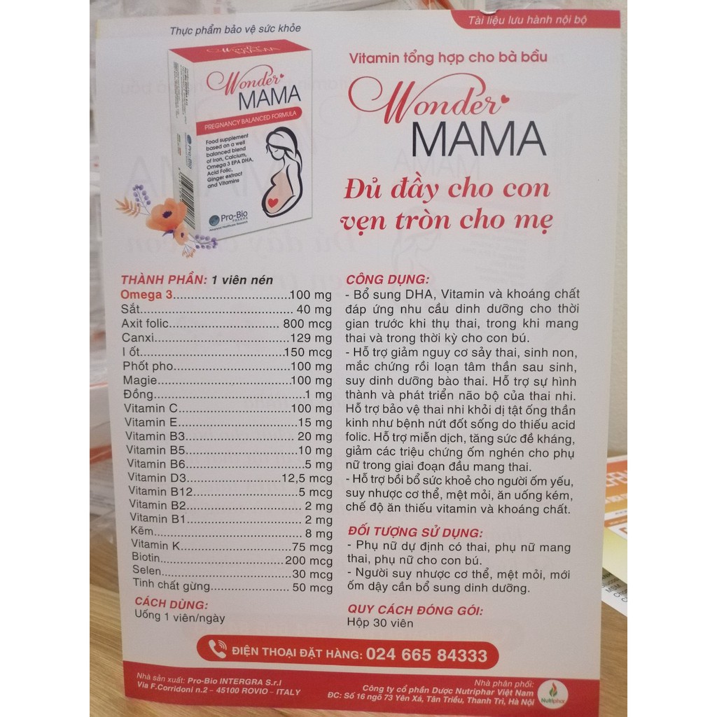 Wonder Mama Hộp 30 Viên - Tổng Hợp Vitamin Và Khoáng Chất, Chống Nghén Cho Mẹ Trong Thai Kỳ