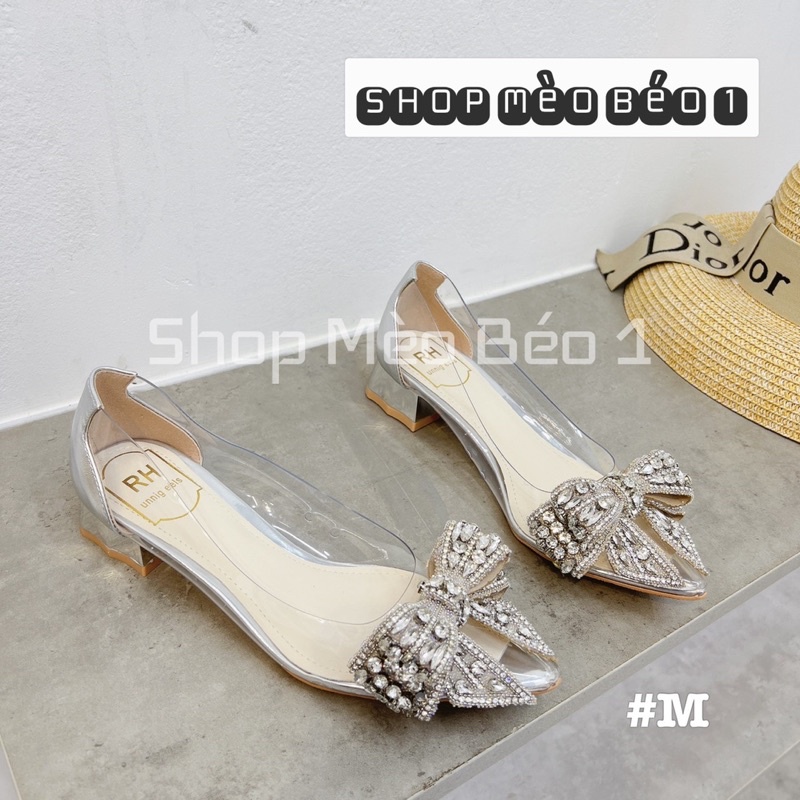Giày búp bê nơ đá mica mũi nhọn gót thấp fullbox hàng quảng châu cao cấp