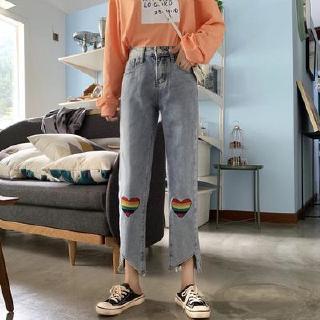 Quần jeans nữ lưng cao ống rộng màu cầu vồng