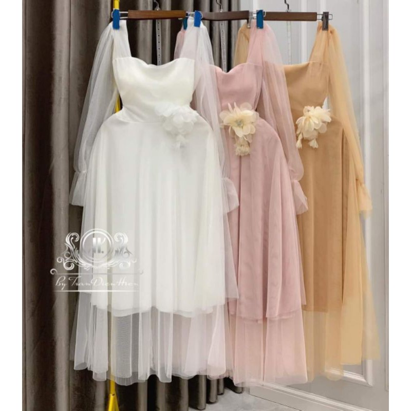 Đầm xòe lưới tay dài eo kết hoa HÀNG THIẾT KẾ