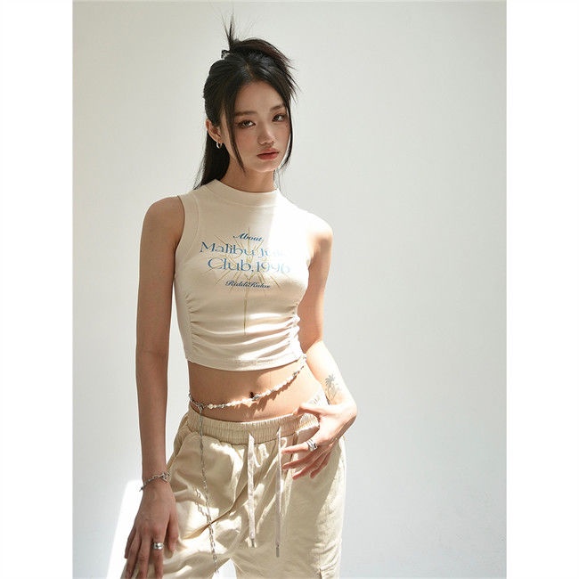 Áo Lửng Không Tay Xếp Ly In Chữ Thời Trang Mùa Hè Dành Cho Nữ