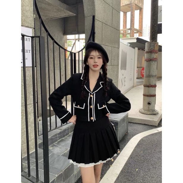 Set áo dạ tweed dáng ngắn phối viền trắng nổi bật kèm chân váy xếp li (có ảnh thật) | BigBuy360 - bigbuy360.vn