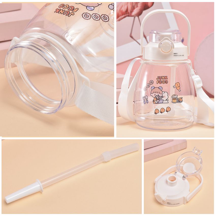 Bình Nước Cute Dung Tích 1300ml Có Ống Hút Quai Xách Kèm Miếng Dán Sticker Và Nắp Chống Tràn Tuyệt Đối – Lotor L036