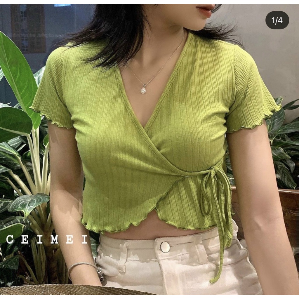 Áo thun croptop tay ngắn cổ V vạt chéo buộc dây eo chất thun gân