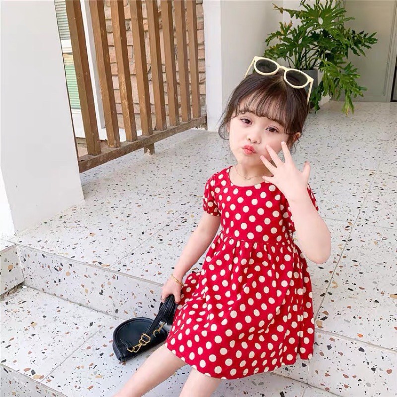 VÁY BÉ GÁI CHẤM BI ĐỎ DÂY CHÉO LƯNG 7-17kg