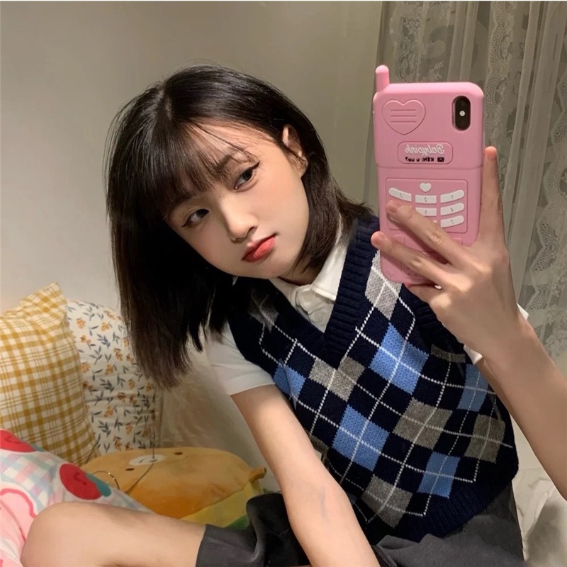 Áo khoác len ZHELIHANGFEI dáng ngắn không tay cổ chữ V họa tiết sọc caro thời trang cho nữ