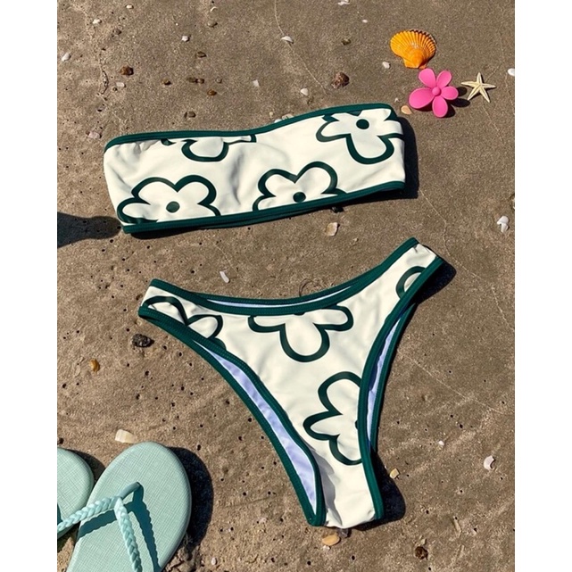 Set bikini hai mảnh phong cách y2k trendy hoa bo viền xanh cá tính năng động