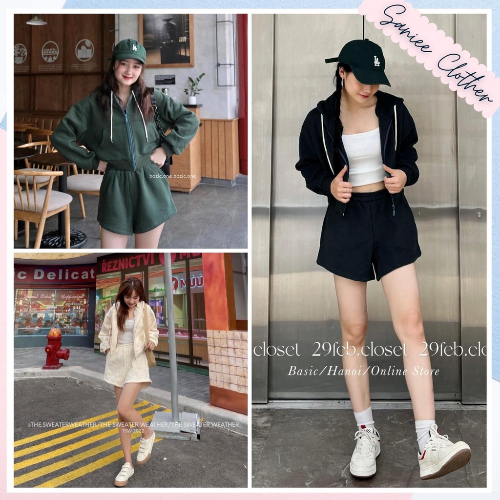 Set đồ áo khoác nỉ nam nữ khóa kéo áo nỉ croptop có mũ kèm quần short ngắn cạp chun dày dặn Saniee Clother