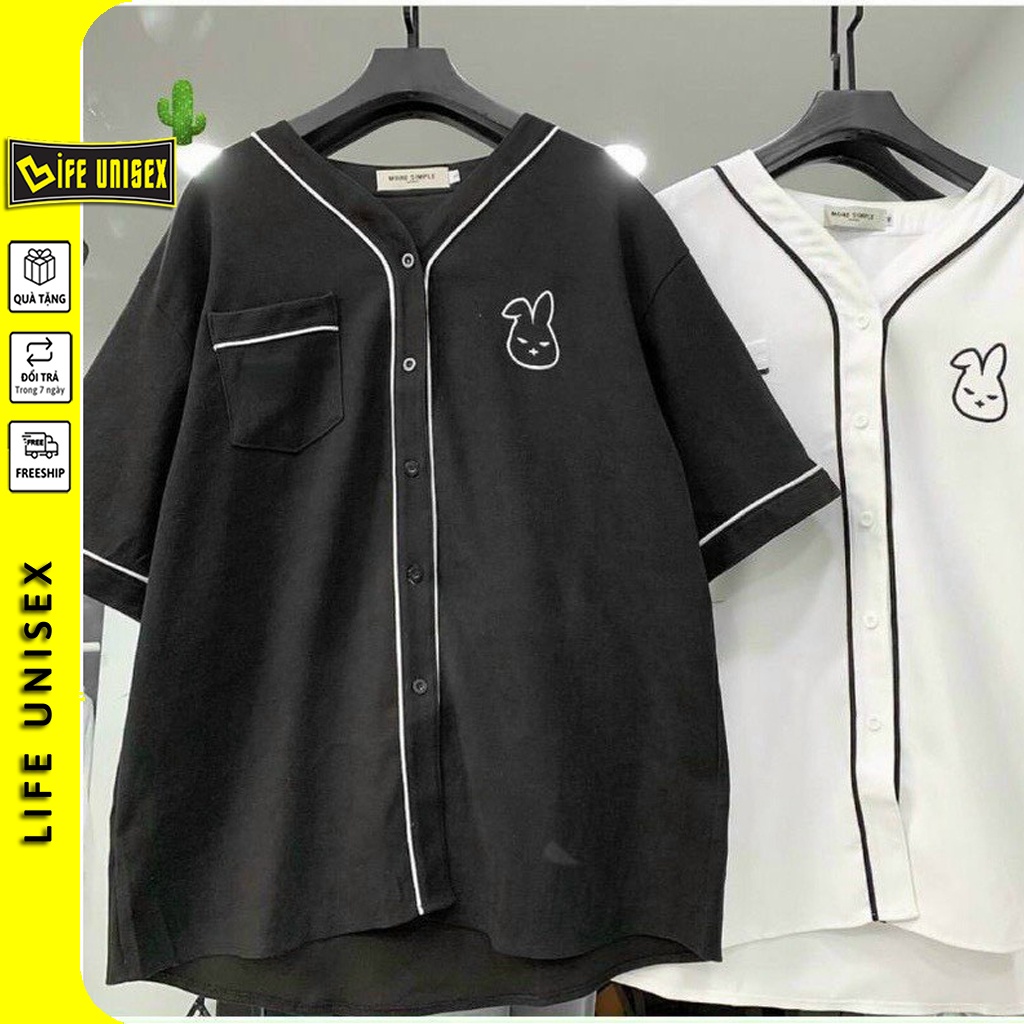 Áo khoác cardigan sơ mi chạy viền thêu hình THỎ form rộng, Áo khoác kate hàn phong cách Unisex dày dặn - Life Unisex