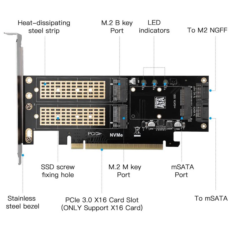 Thẻ chuyển đổi 3 trong 1 NGFF Msata SSD dành cho 2280 / 2260