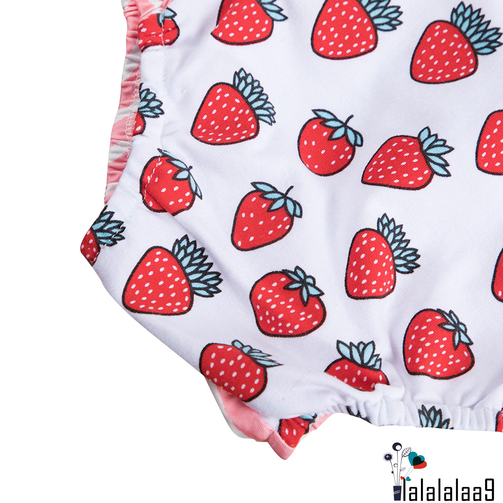 LA-Baby Strawberry Print Short Romper, Girls Sleeveless Square Collar Backless Jumpsuit for Summer