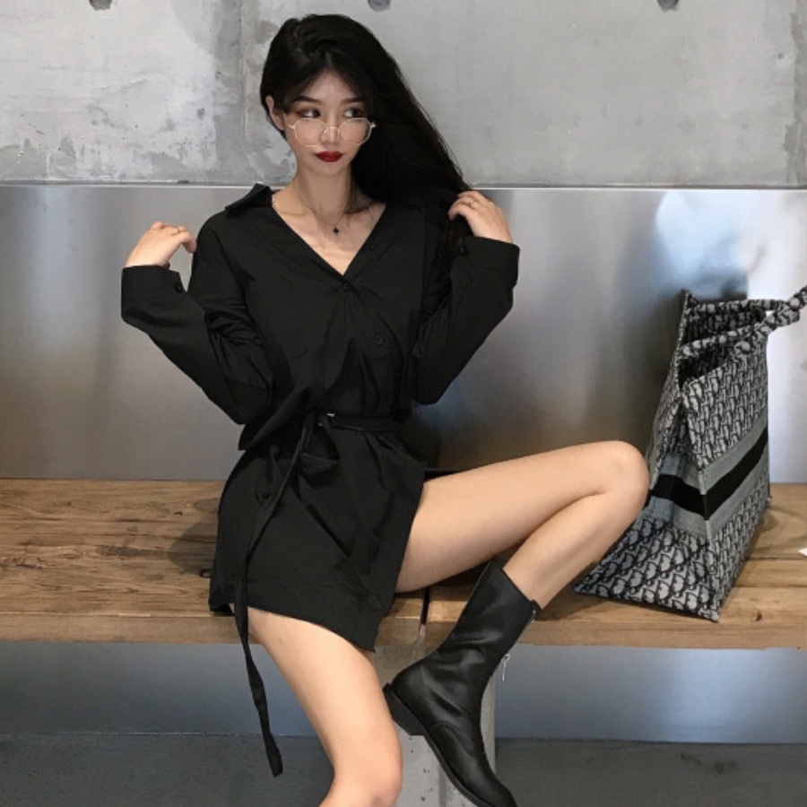 Áo sơ mi kiểu tay dài màu trắng &amp; đen HAF48 Hỉn Hỉn Store