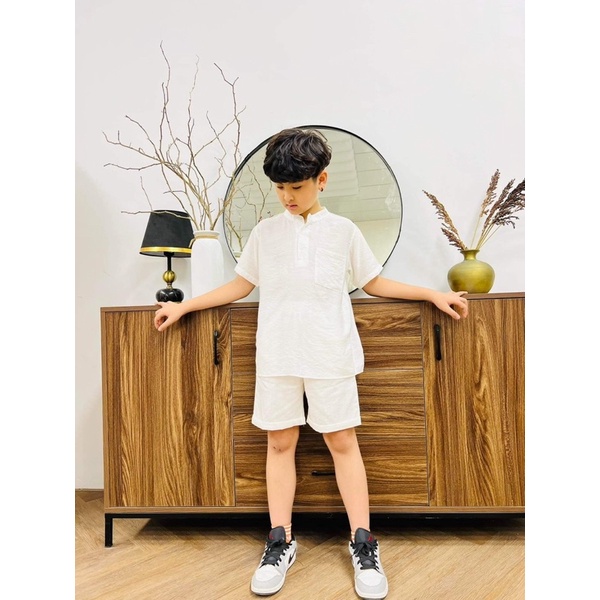 Quần áo bé trai và bố - Bộ sơ mi quần áo trắng chất đũi- MinMax Connect