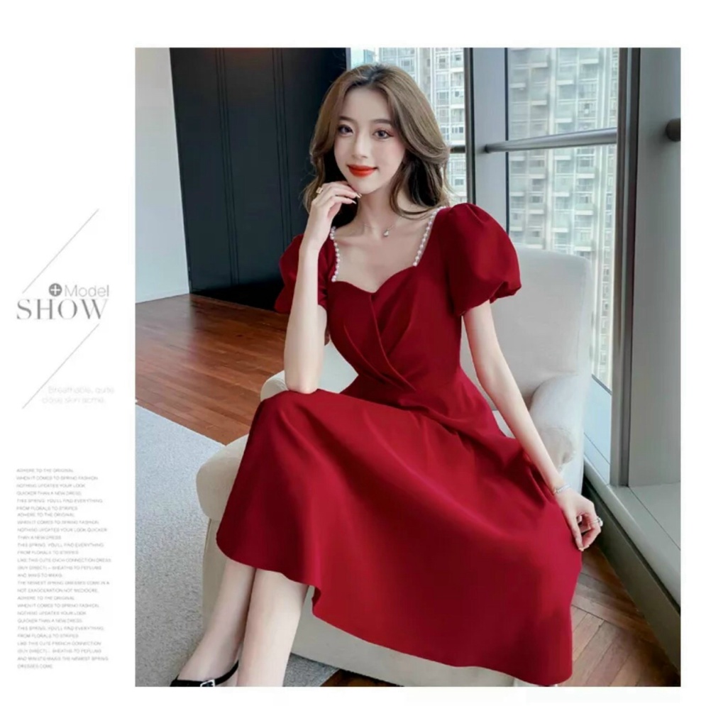 Đầm Đi Tiệc Dáng Suông Dài Tay Phồng, Đầm Tay Lững Xếp Ly Ngực Ba Màu Trắng, Đỏ, Đen Váy Xòe Nữ Dài Qua Gối Sang Chảnh N
