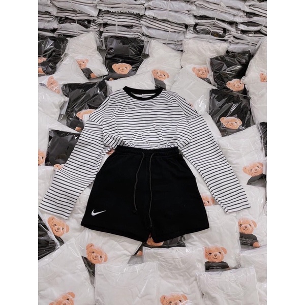 SÉT ÁO KẺ THỤNG DÀI TAY MIX MIX QUẦN ĐÙI THÊU CỰC XINH(kèm video ảnh thật)