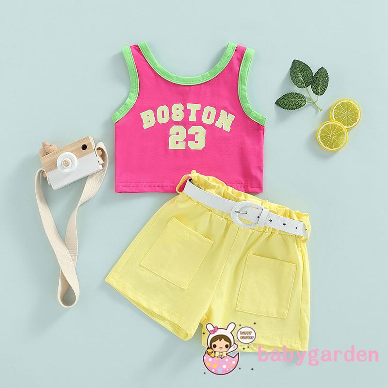 Bộ Áo Tank Top + Quần Short + Thắt Lưng In Chữ Thời Trang Mùa Hè Cho Bé Gái 1-6 Tuổi