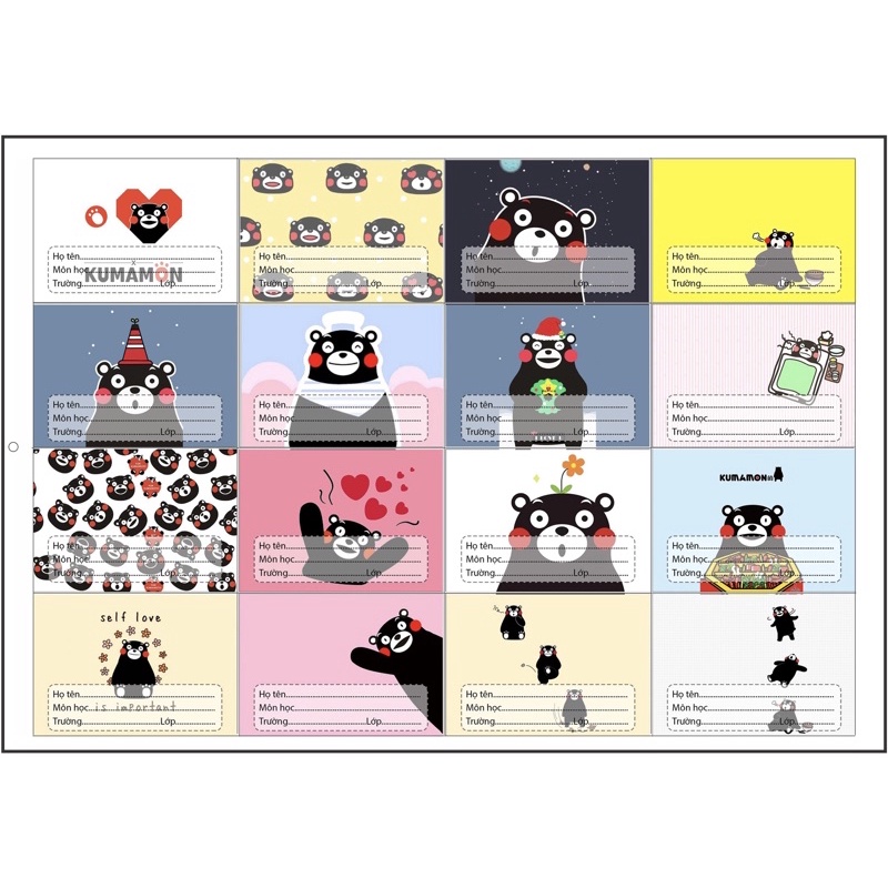 nhãn vở kumamon 16 cái khác nhau/ nhãn dán gấu kumamon