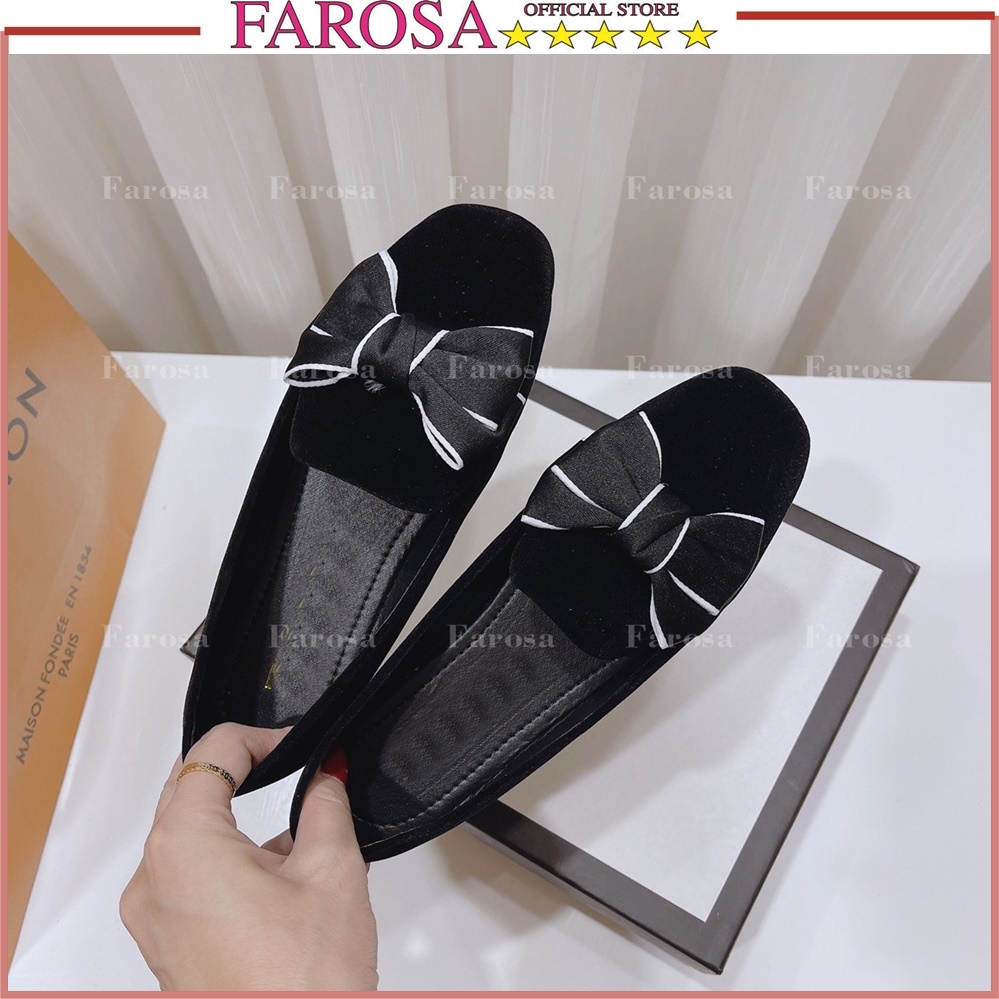 Giày búp bê mữ mũi vuông phối nơ kẻ FAROSA lên chân cực xinh xắn