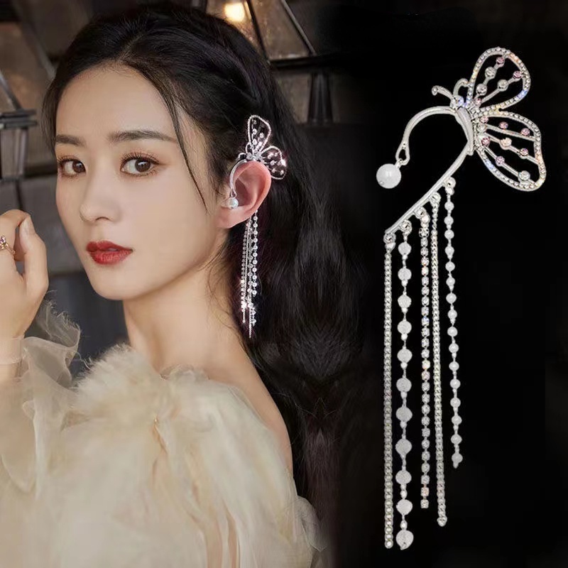 Khuyên Kẹp Vành Tai Không Xỏ Lỗ Phối Nơ Tua Rua Đính Đá Lấp Lánh Thời Trang Hàn Quốc