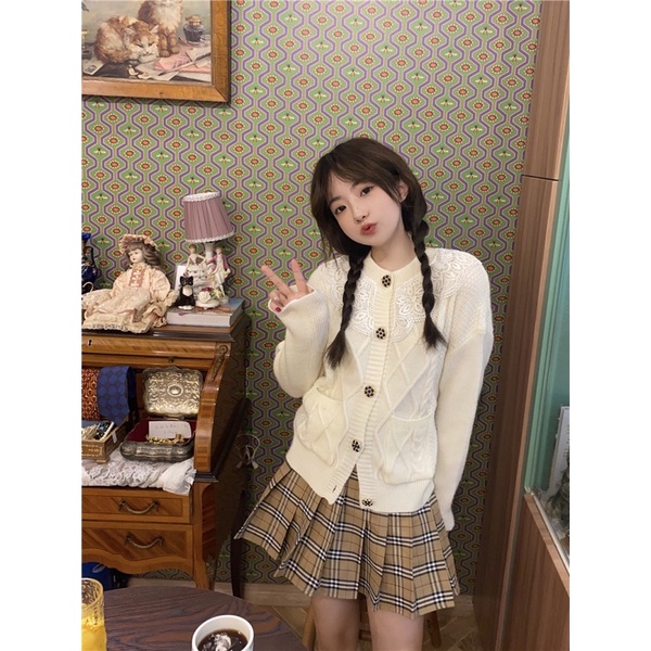 𝐂𝐎́ 𝐒𝐀̆̃𝐍. Áo Len Đan Nổi Viền Ren Ulzzang Siêu Hot
