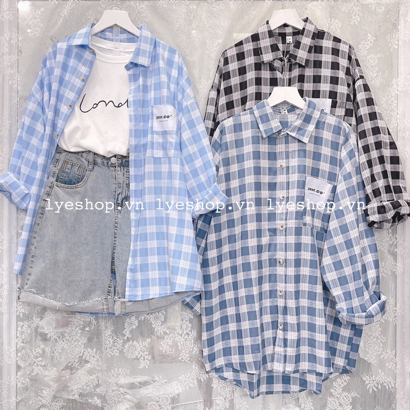 Sơ mi kẻ sọc caro ô dáng suông oversize logo túi
