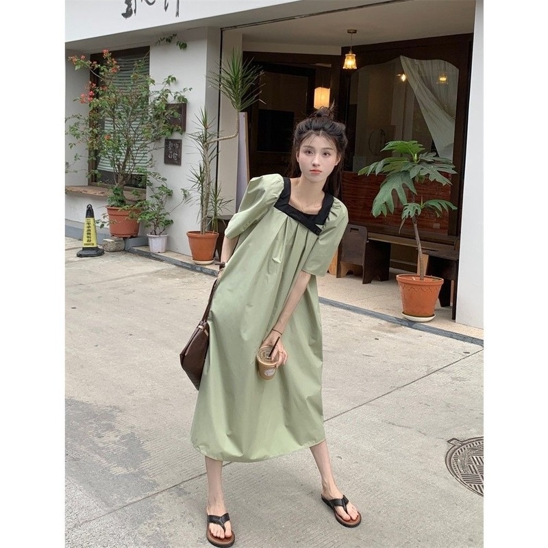 Plus Đầm Midi Cổ Vuông Tay Ngắn Dáng Rộng Thời Trang Mùa Hè Hàn Quốc 2022 Cho Nữ