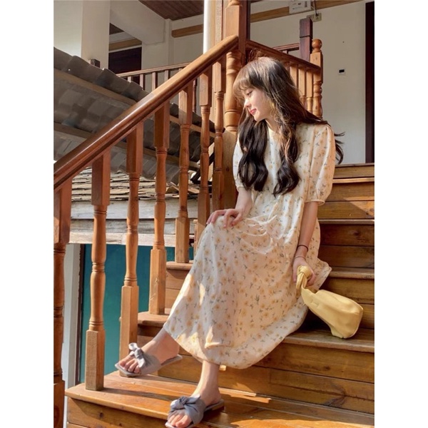 Váy Babydoll Hoa Nhí Vintage 2 Lớp Dáng Dài