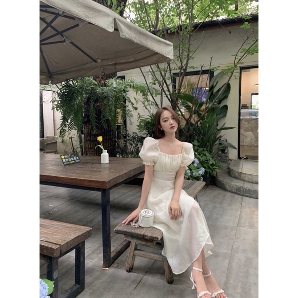 ĐẦM MIDI NHÚN NGỰC TAY BO KEM - XANH