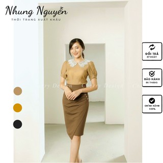 Chân váy bút chì công sở vạt nhún ly, đính ngọc, thiết kế mới sang chảnh, dài ngang gối