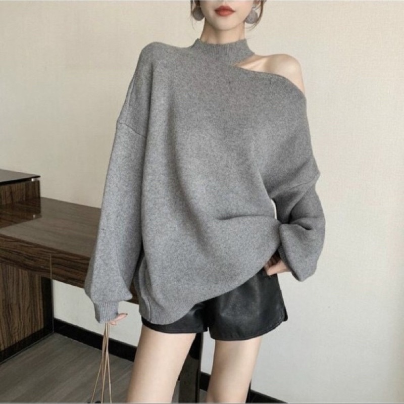 Áo Len Lệch Vai Chùm Mông, Len Mịn Quảng Châu tay bồmb sang chảnh
