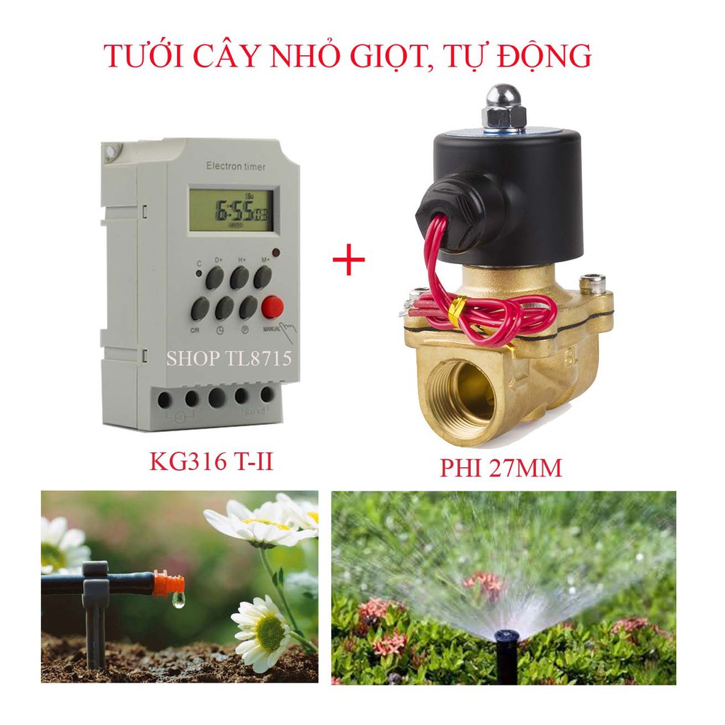 Bộ tưới nước tự động gồm công tắc hẹn giờ Kg316T-II và van điện từ phi 21mm