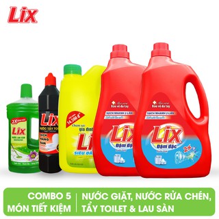 Combo 17 gồm 5 món LIX (2 nước giặt hương hoa 2kg, NLS nắng hạ 1 lít, NRC đậm đặc chanh 1.4kg, Nước tẩy toilet 1kg)