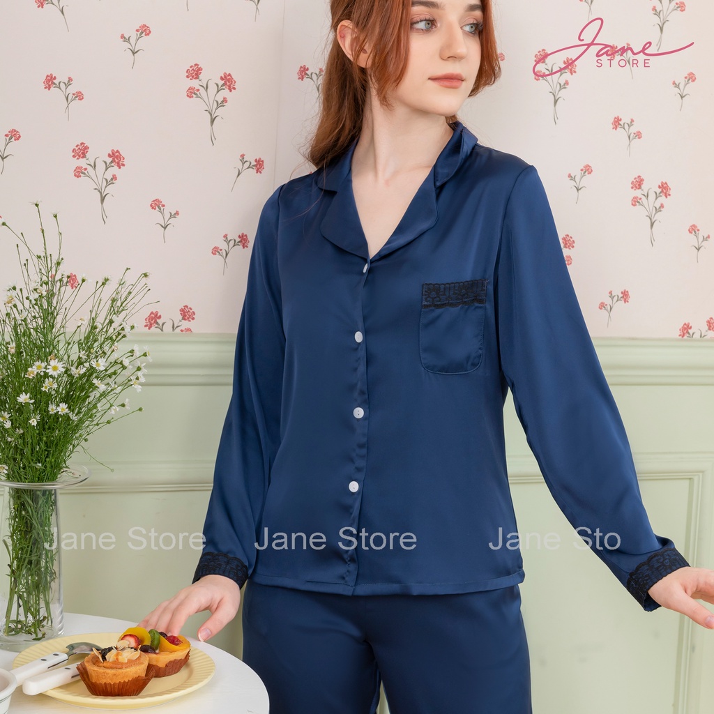 Pijama lụa - Set đồ ngủ lụa Pháp cao cấp - Pijama dài tay trơn màu phối ren sang trọng, tinh tế JANE mã PS20 | BigBuy360 - bigbuy360.vn