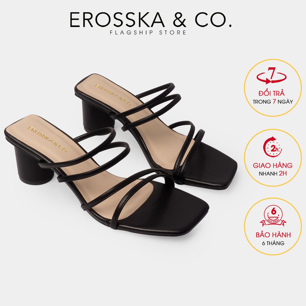 [Mã WABRTL3 -10% đơn 250K]Dép cao gót Erosska thời trang mũi vuông phối dây quai mảnh cao 7cm màu đen _ EM074