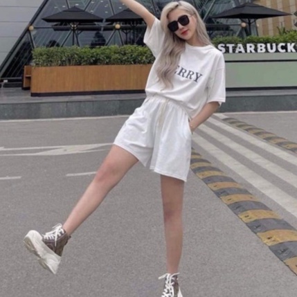 Set thun merry oversize unisex - Combo quần short cộc kèm áo phông cổ tròn in chữ ulzzang nam nữ