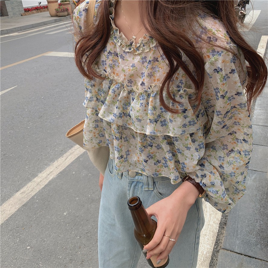 Xiaozhainv Long-sleeved sunscreen top Korean style small fresh floral lotus leaf chiffon shirt